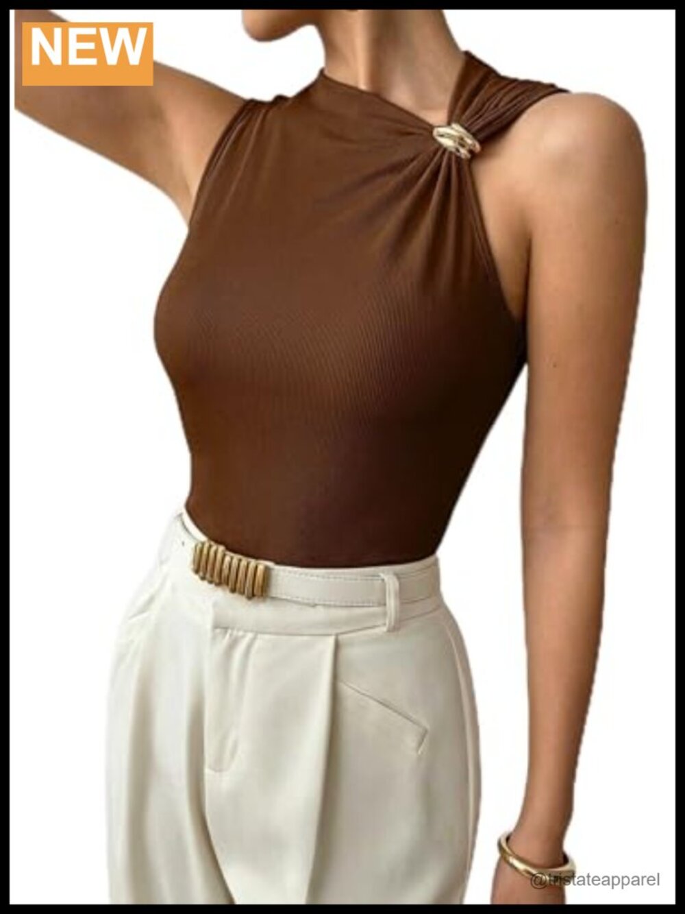 Slim Fit Ribbed Sleeveless Tank Top Asymmetric Neck Gold Ring Detail